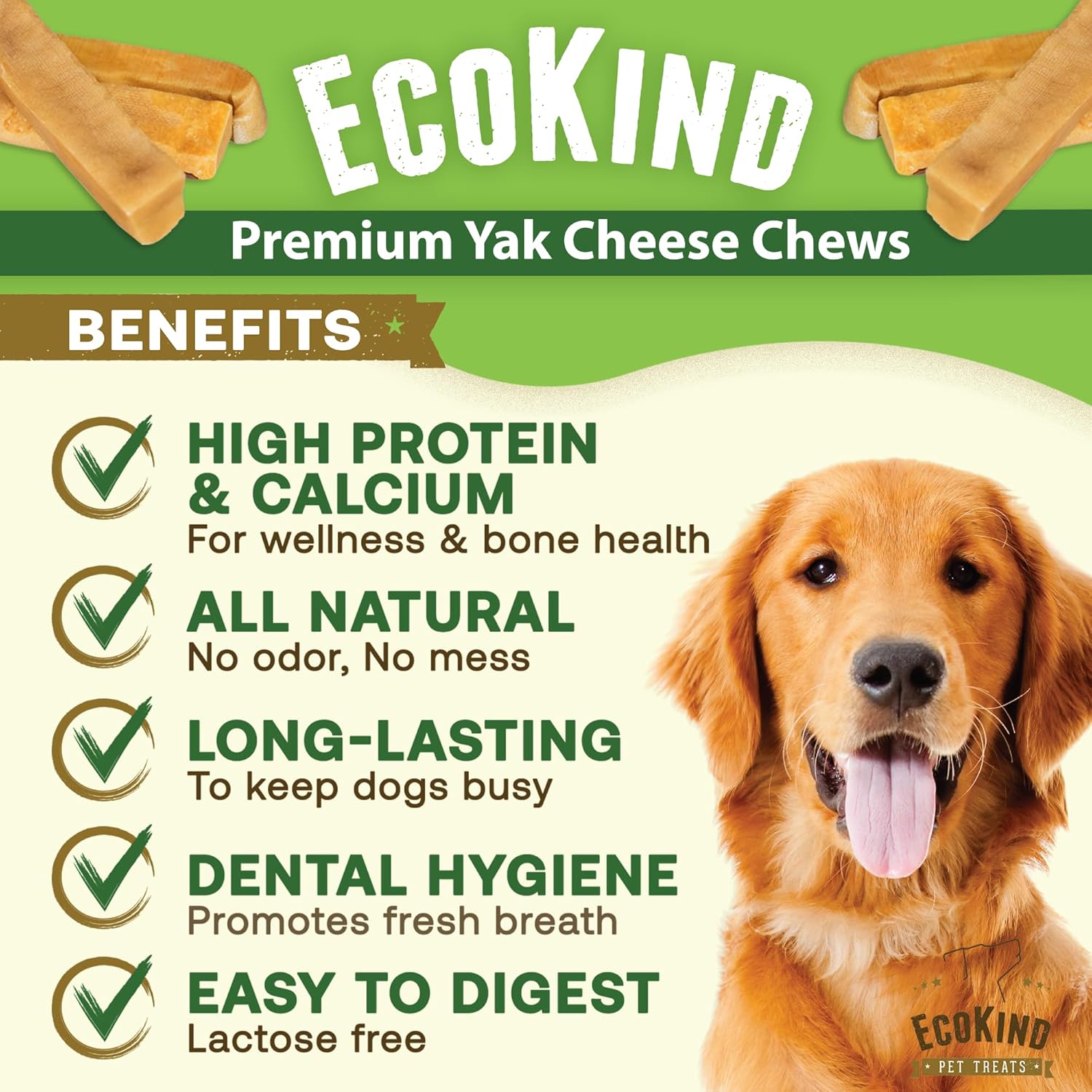 EcoKind Gold Yak Dog Chews Grade A Quality 100% Natural, Healthy & Safe - 3 POUND BAG