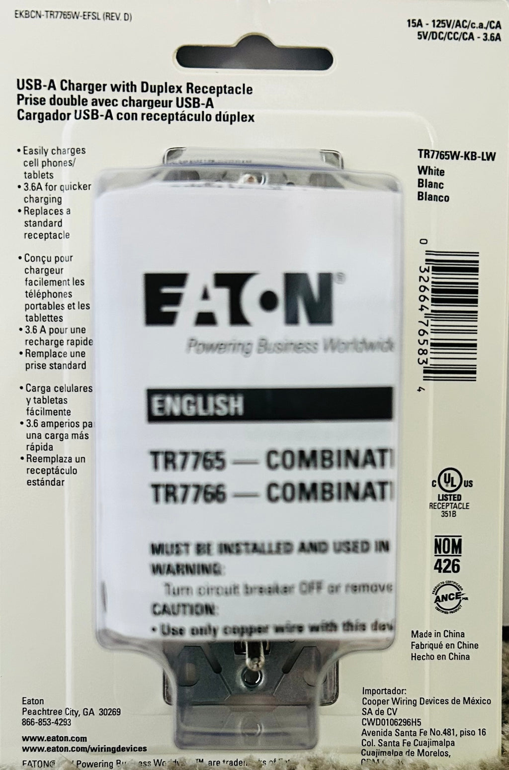Eaton USB-A charger packaging with branding and specifications.