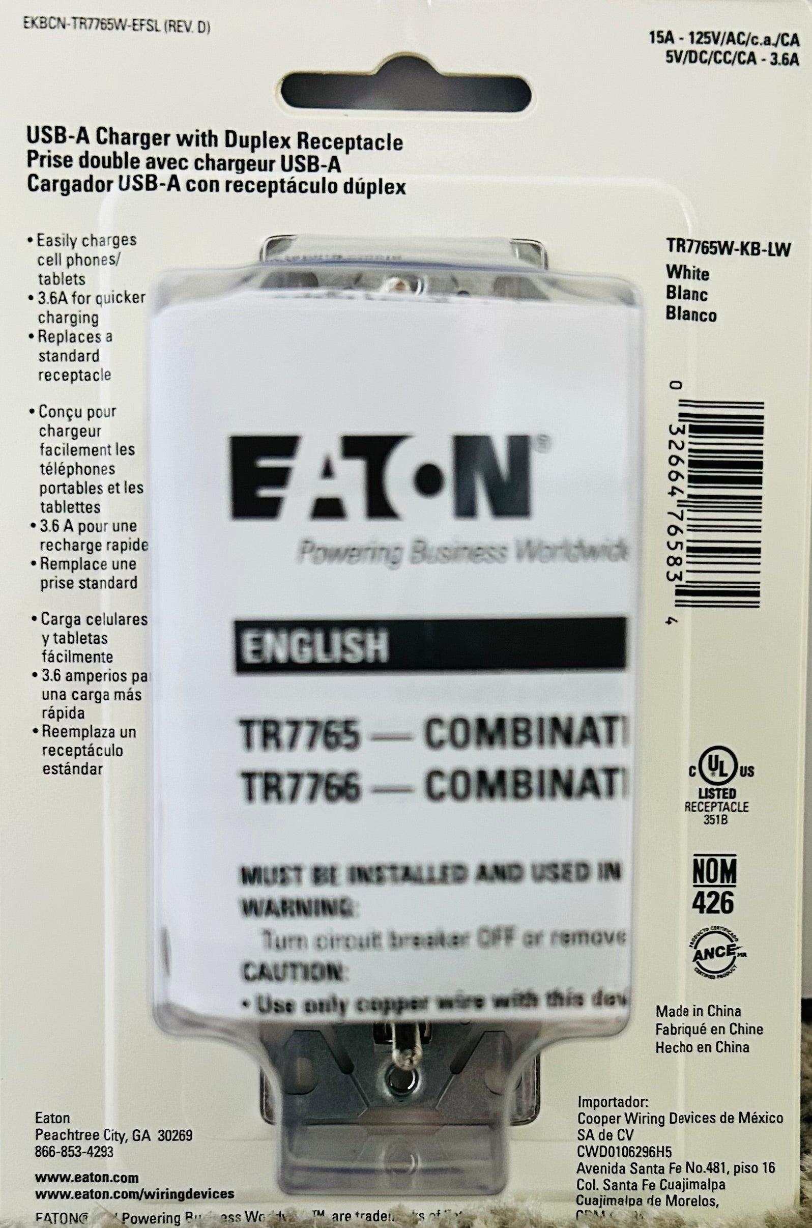 Eaton USB-A charger packaging with branding and specifications.